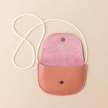 Load image into Gallery viewer, petite-kitten-gold-embossed-face-purse-pampa-coral-color-with-corded-strap-snap-close