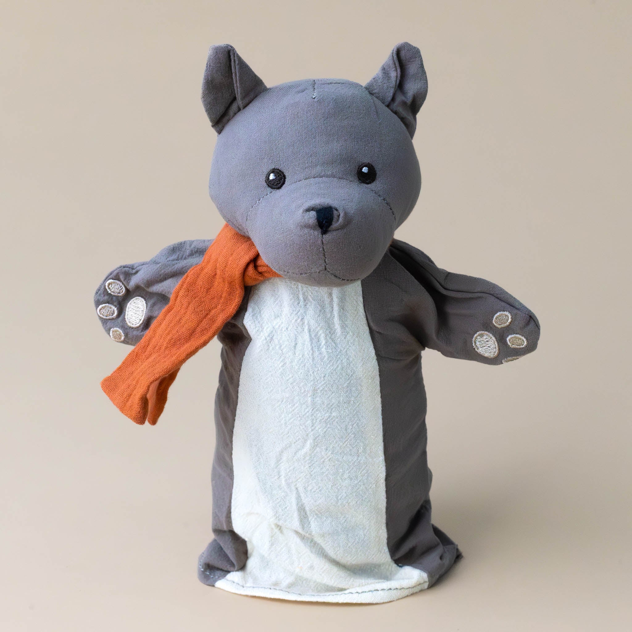 grey-petite-wolf-hand-puppet-with-orange-scarf