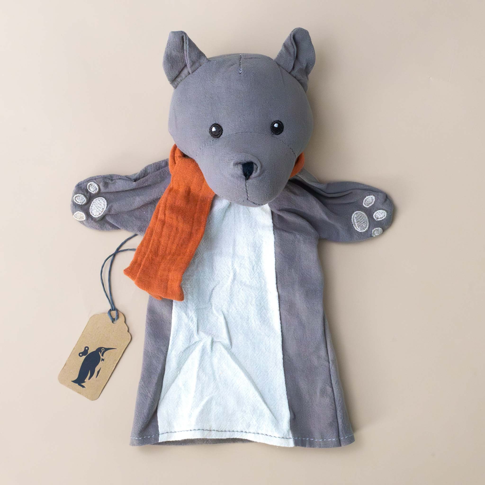 grey-petite-wolf-hand-puppet-with-orange-scarf