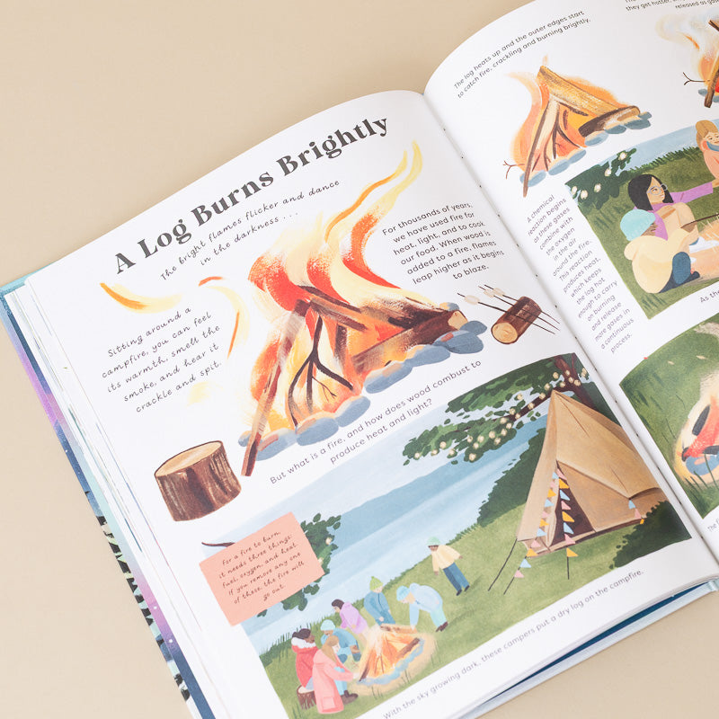 An open illustrated children's book spread on a light beige background. The pages show camping scenes, a large campfire illustration, text about log burns, and small character drawings.