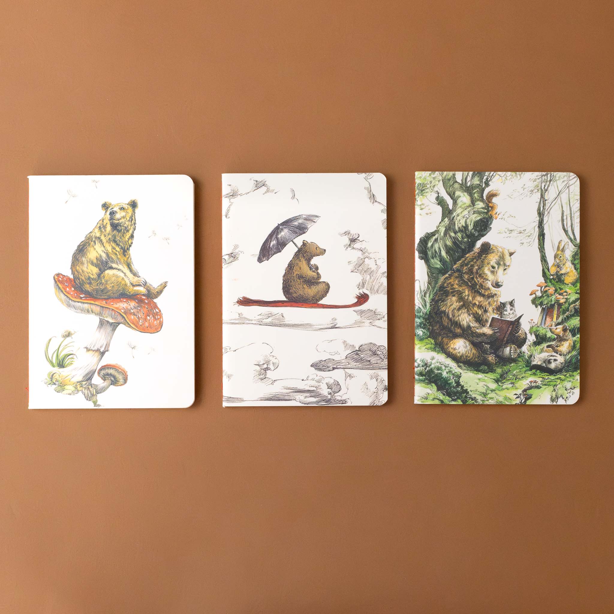 three-book-covers-with-bear-on-red-carpet-flying-through-sky-bear-reading-book-leaning-on-tree-in-forest-with-cub-kitten-and-rabbit-listening-and-bear-resting-atop-a-toadstool