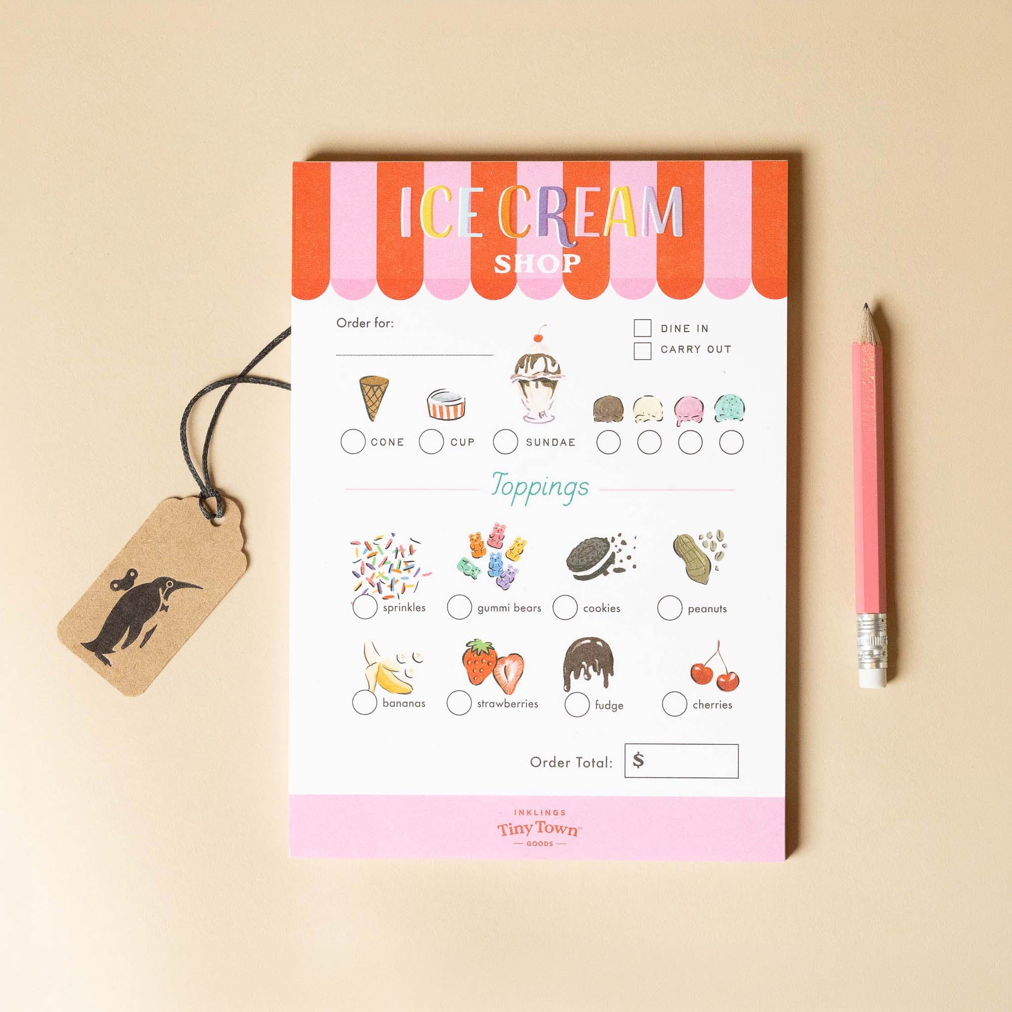 Ice cream shop order form with toppings on a beige background