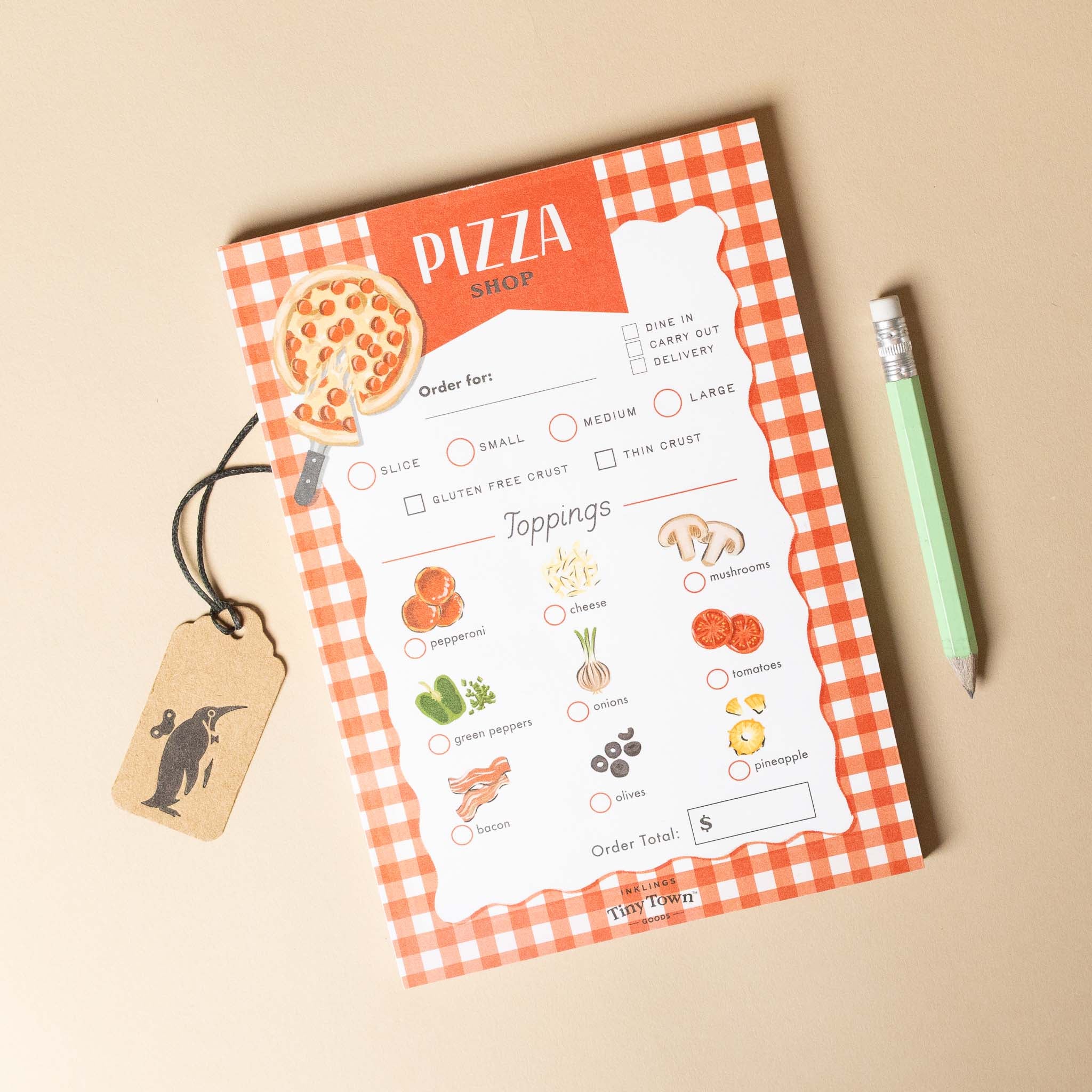Pizza ordering form with checkered border on a beige background