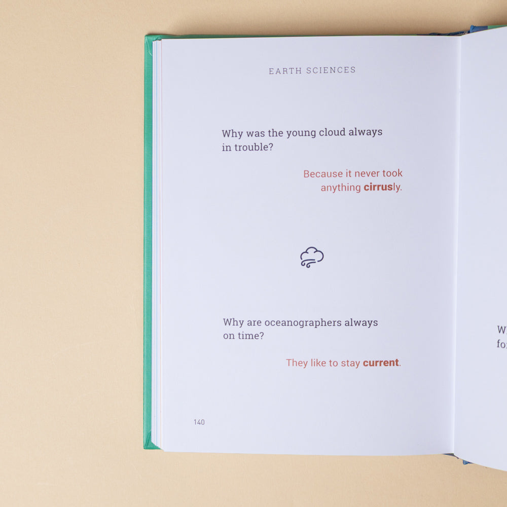 pretty-good-science-jokes Open book with humorous cloud and oceanographer jokes on a beige background