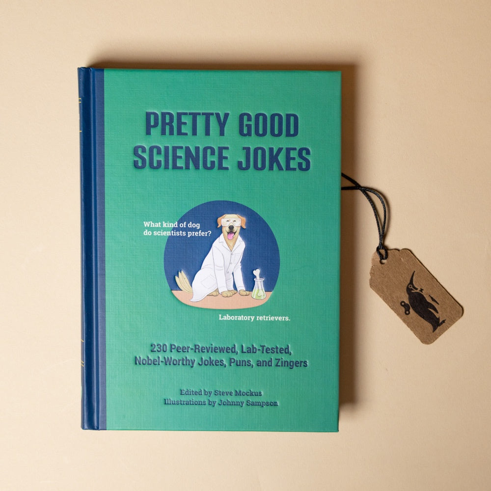 Book titled 'Pretty Good Science Jokes' with a tag on a beige background