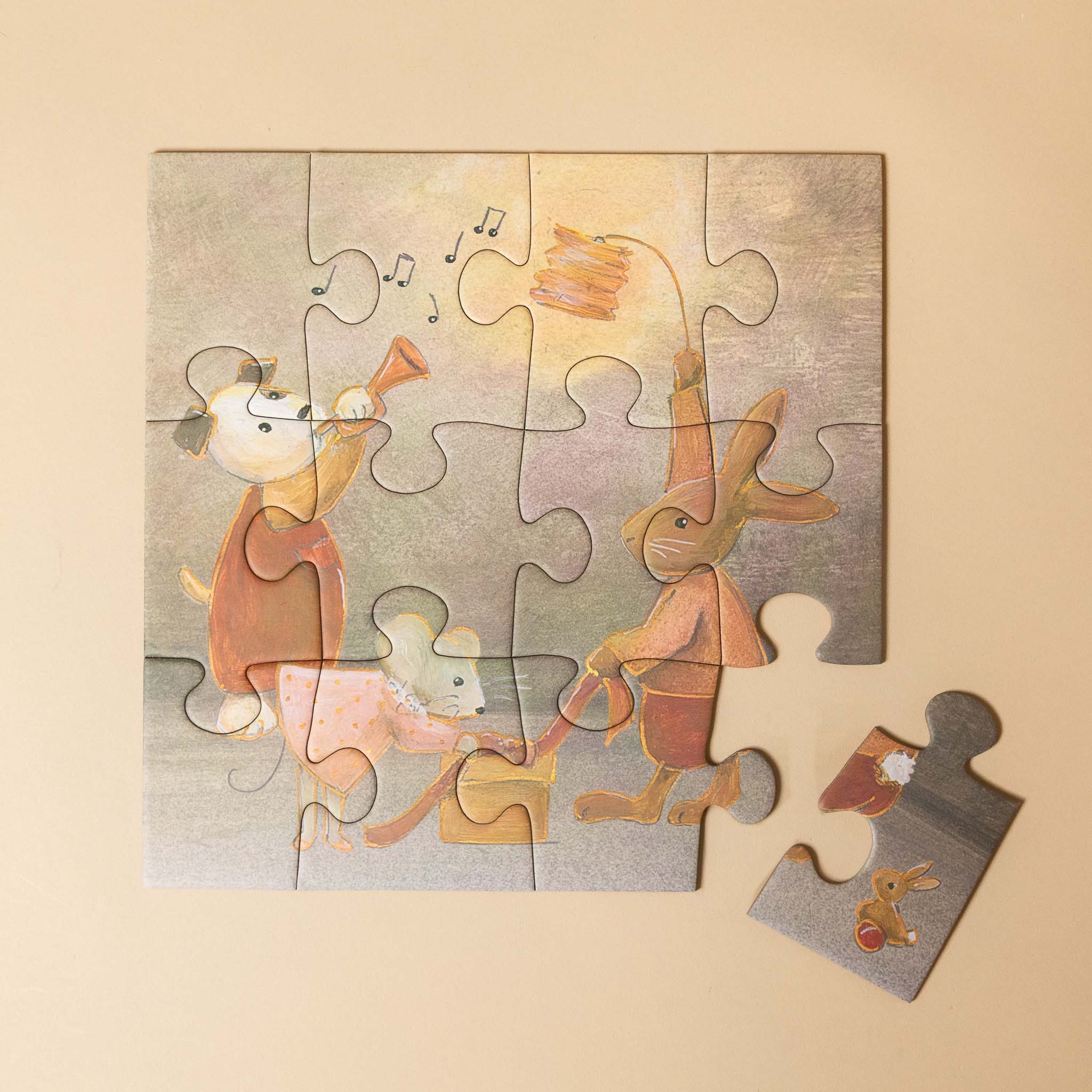 progressive-puzzle-set-woodland-friends Jigsaw puzzle with cartoon characters on a beige background