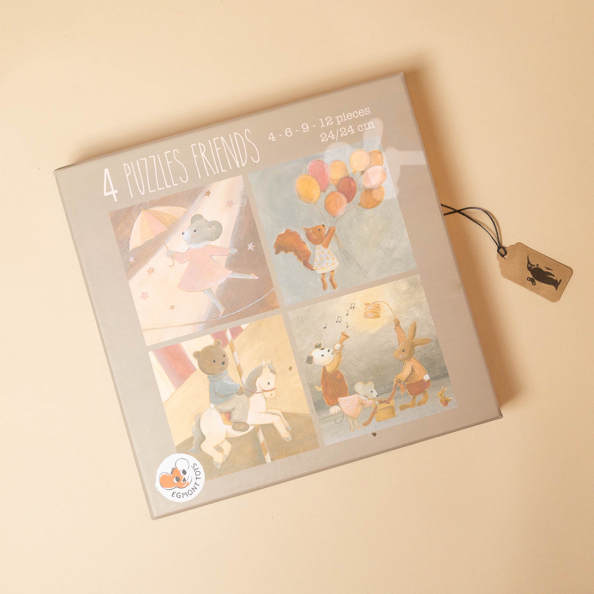 progressive-puzzle-set-woodland-friends Box of 4 puzzles with animal illustrations on a beige background
