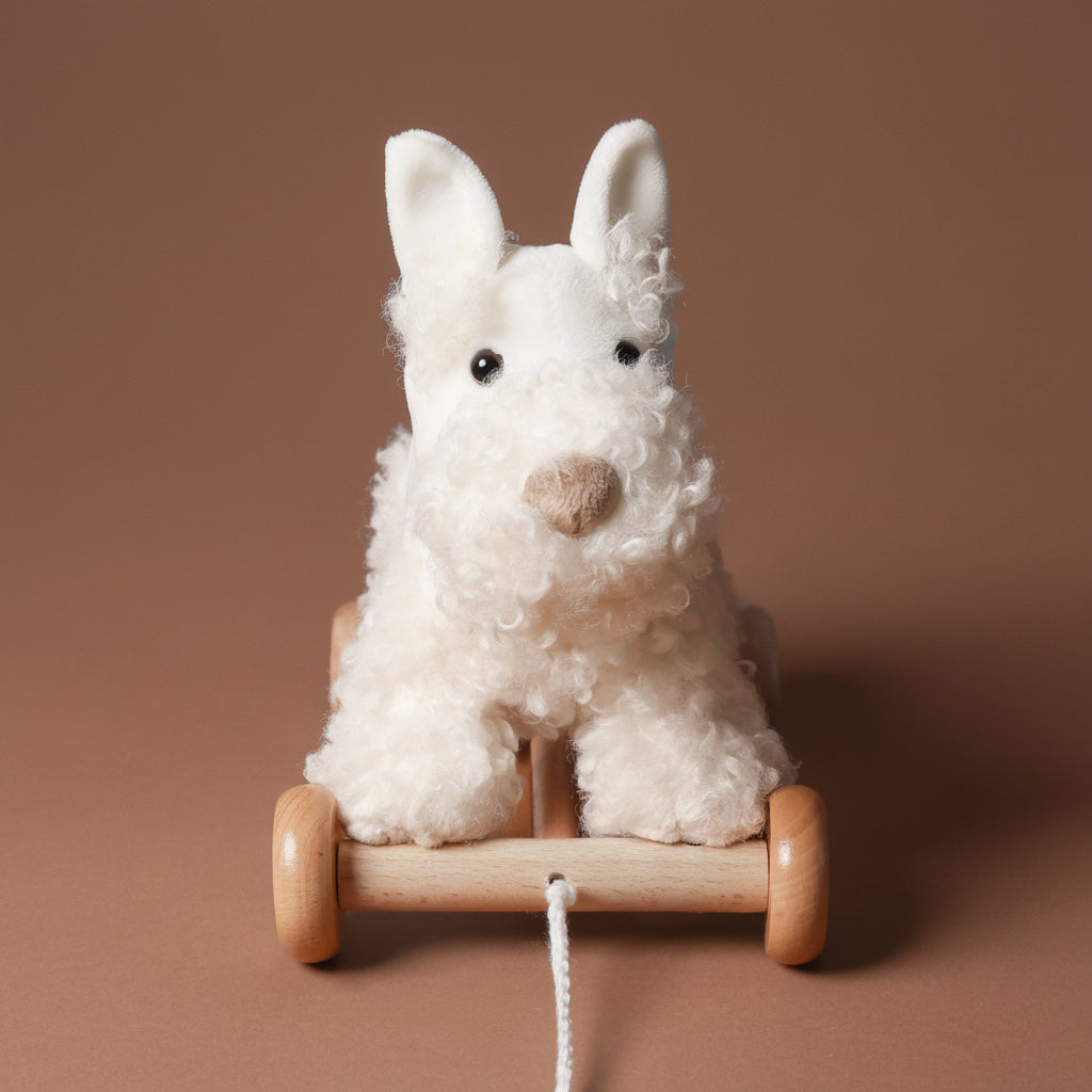 White pull-along-lola-the-dog toy on wooden wheels against a brown background