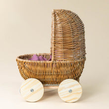 Load image into Gallery viewer, pull-along-wicker-pram-with-pink-blanket-and-pad-side