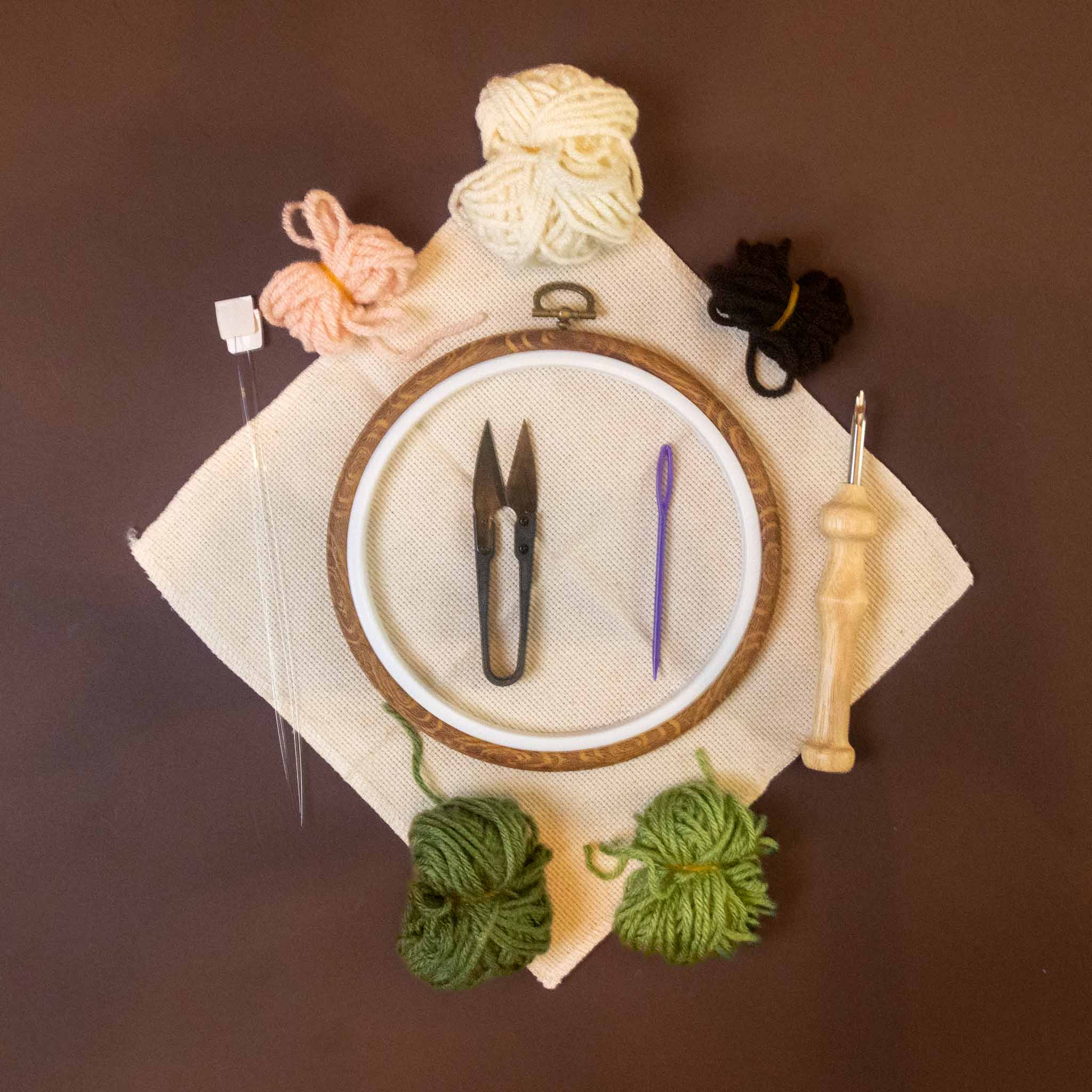 punch-needle-kit-frog-face with various tools and yarn arranged on a brown background, including a wooden hoop, scissors, stitch needle, crochet hook, and balls of cream, peach, green, and black yarn.