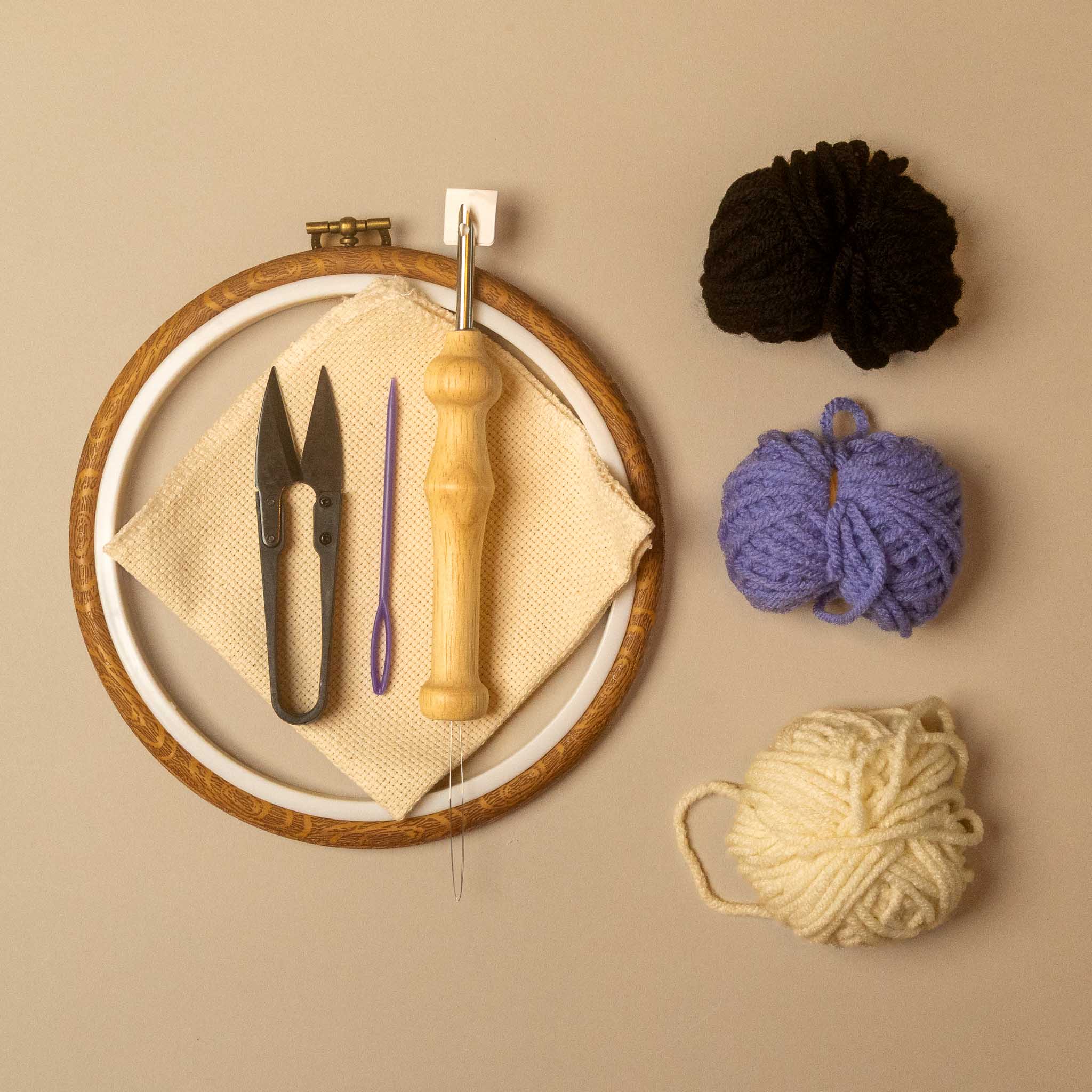yarn, hoop, snippers, needle, punch needle, cloth