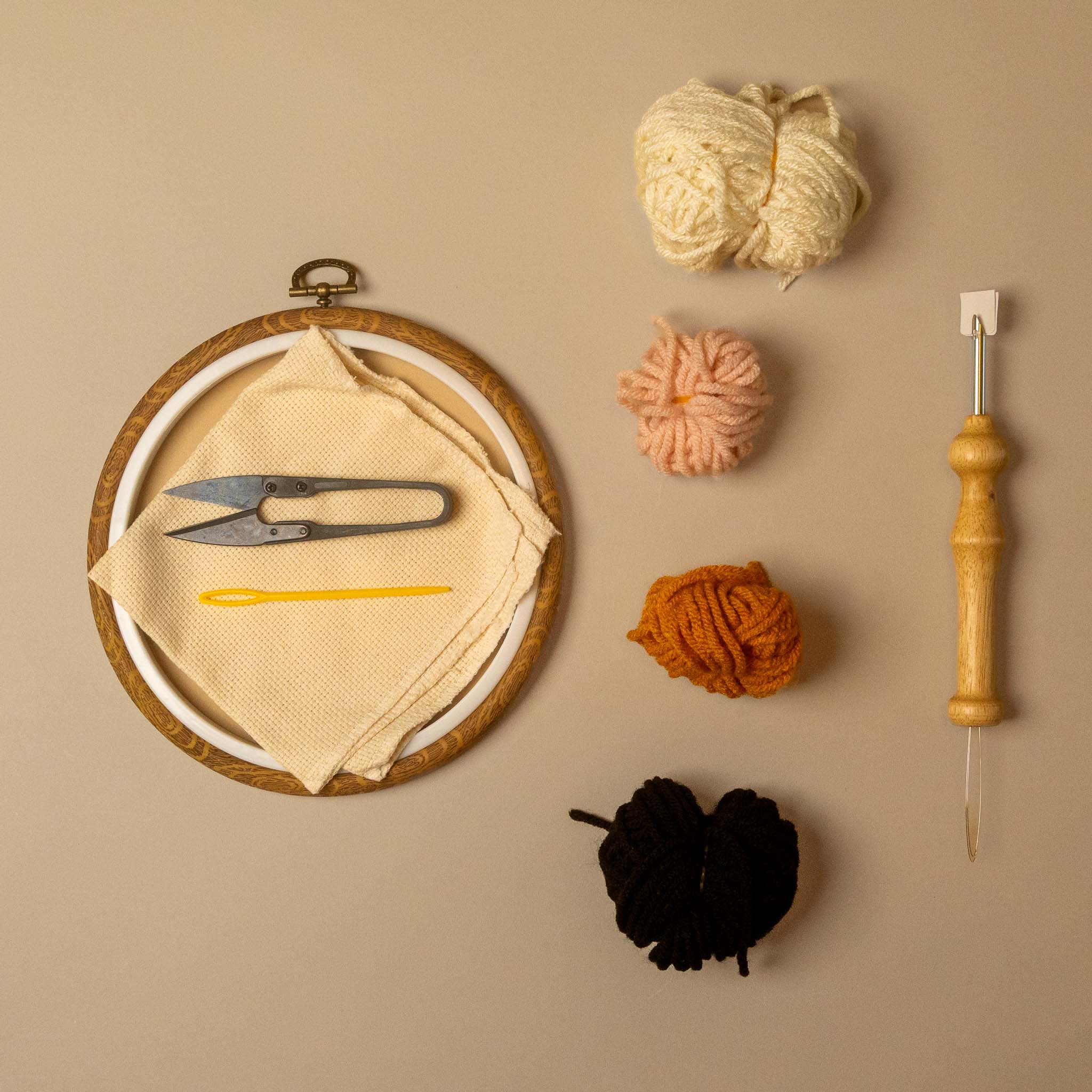 yarn, hoop, snippers, needle, punch needle, cloth