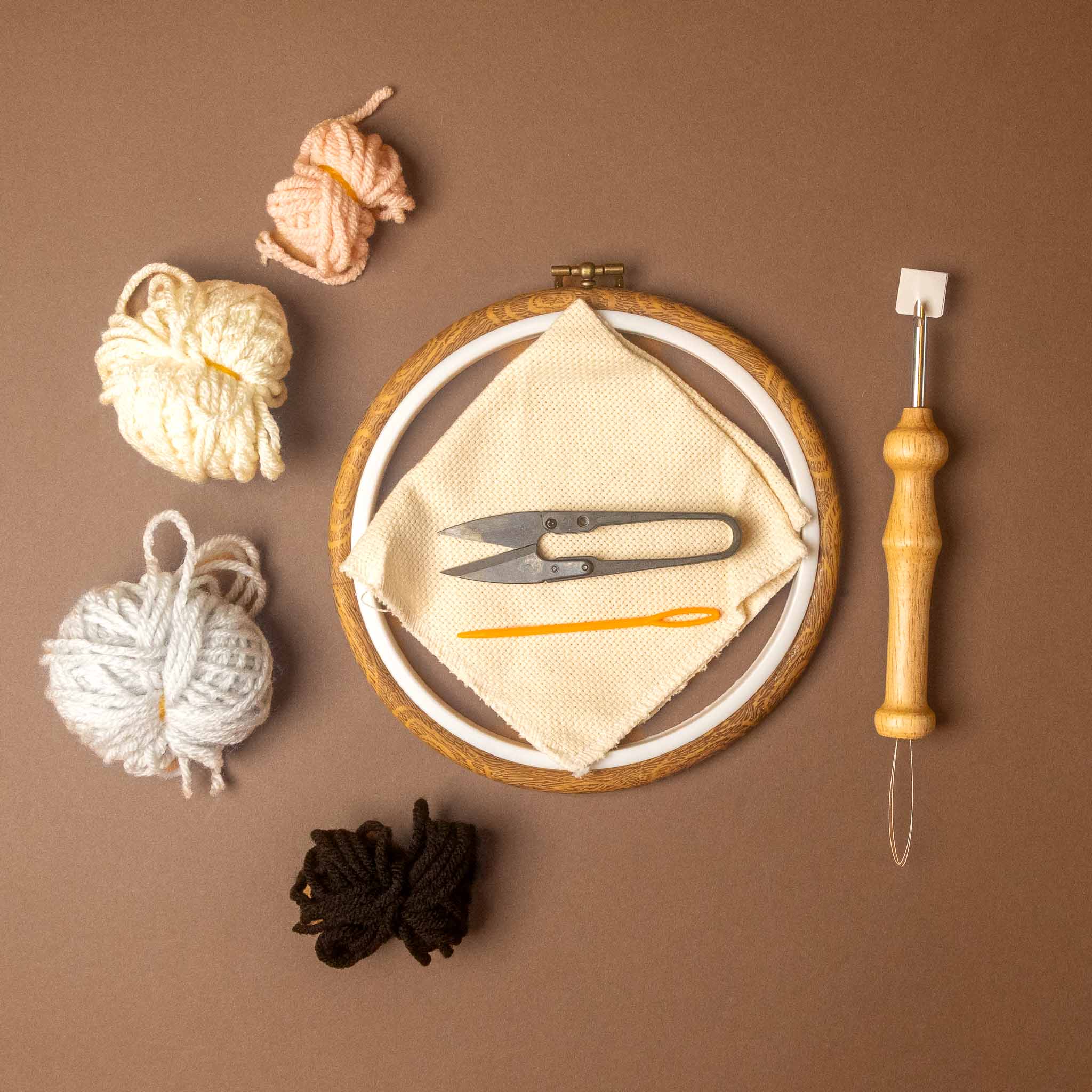 yarn, hoop, snippers, needle, punch needle, cloth