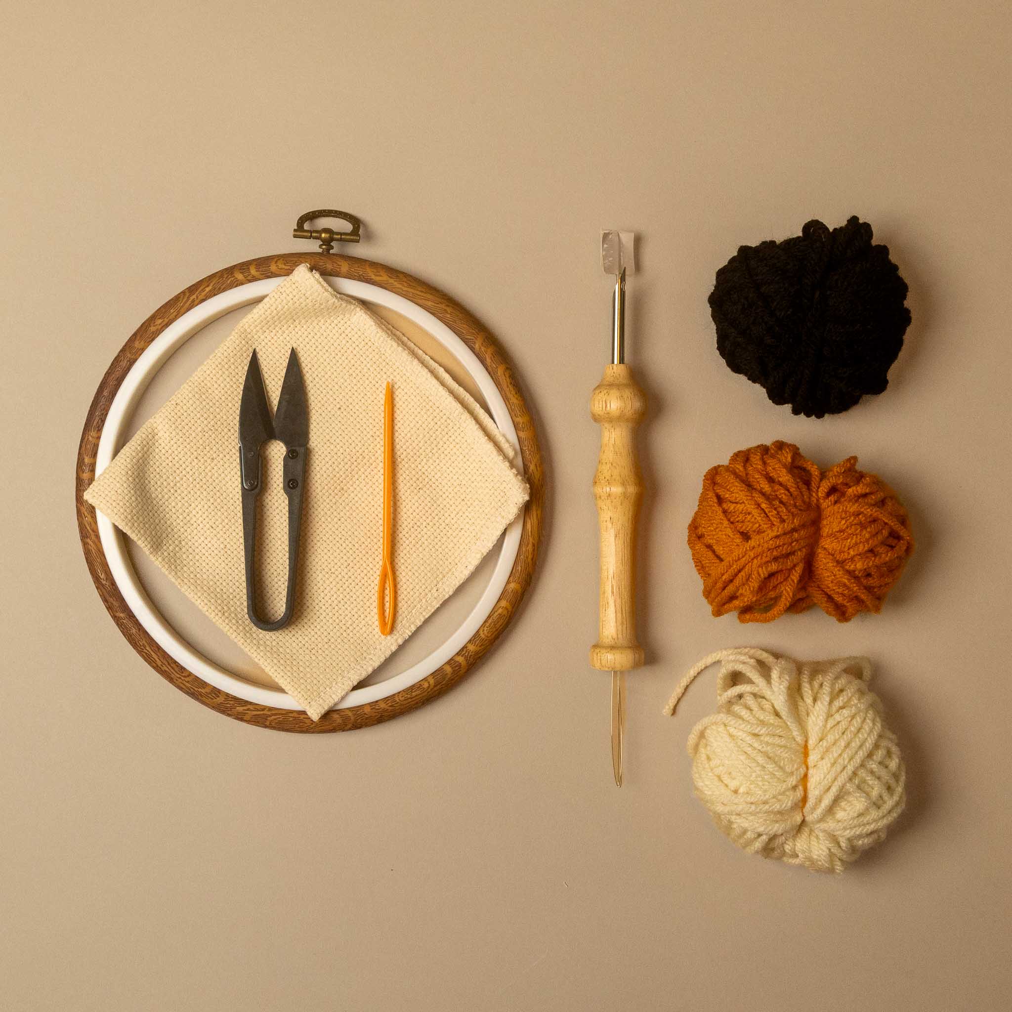 yarn, hoop, snippers, needle, punch needle, cloth