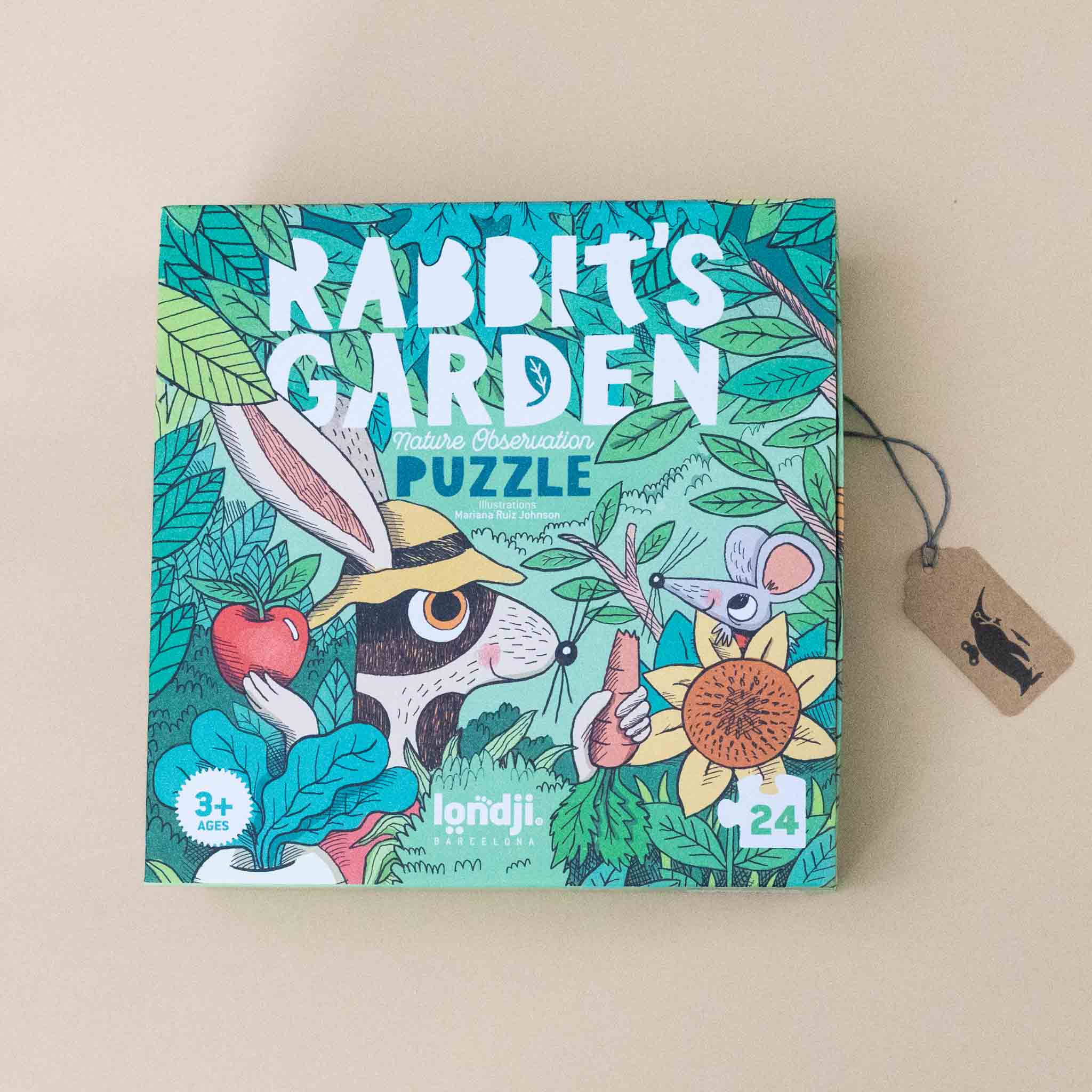 rabbits-garden-puzzle box with rabbit and mouse design on a beige background