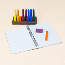 Load image into Gallery viewer, recycled-paper-sketchbook-opened-with-colorful-crayons