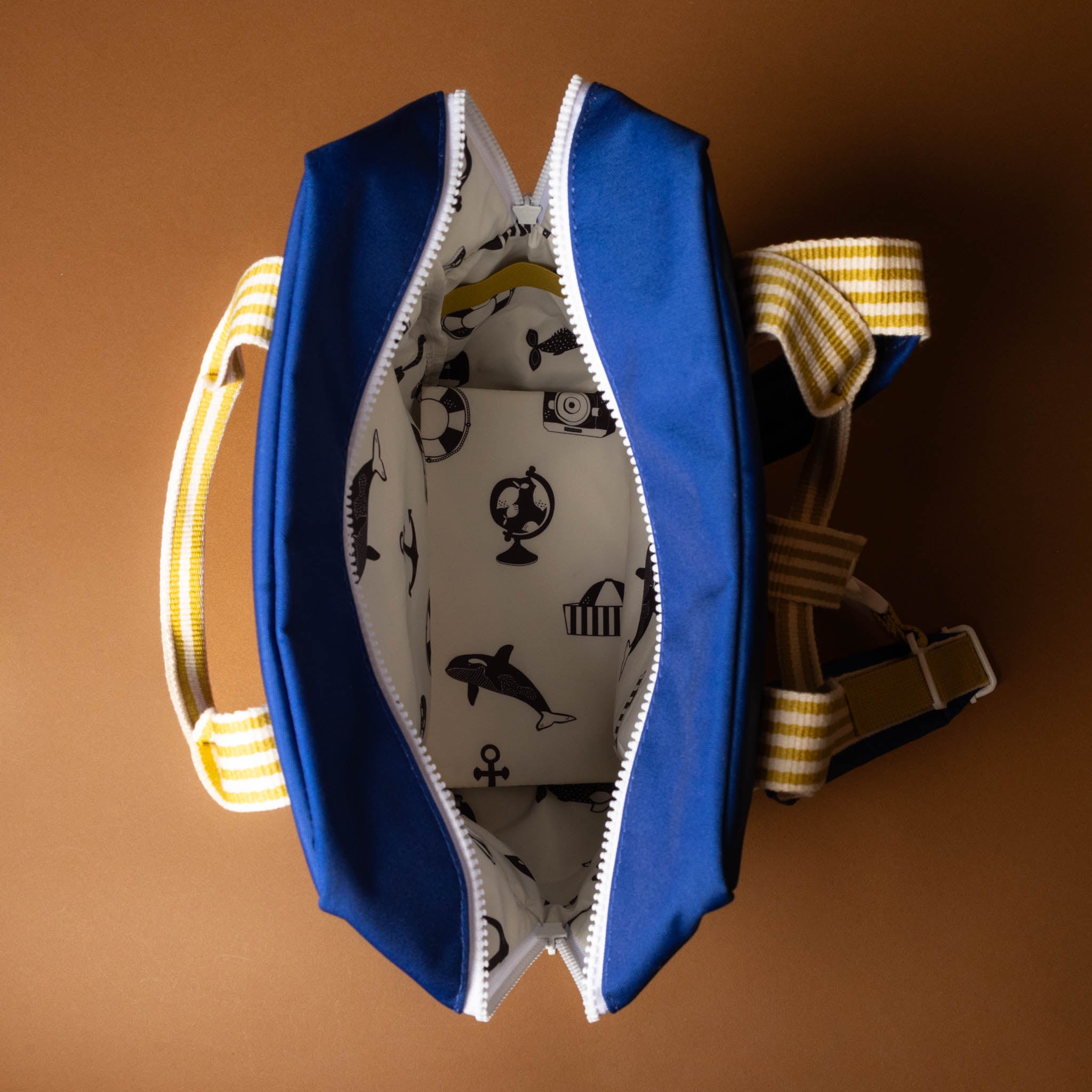 recycled-wonders-envelope-backpack-medium-deep-sea-blue-with-orange-pocket-open