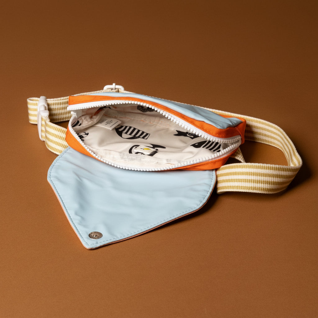 recycled-wonders-fanny-pack-ocean-coral-yellow-striped-strap-open
