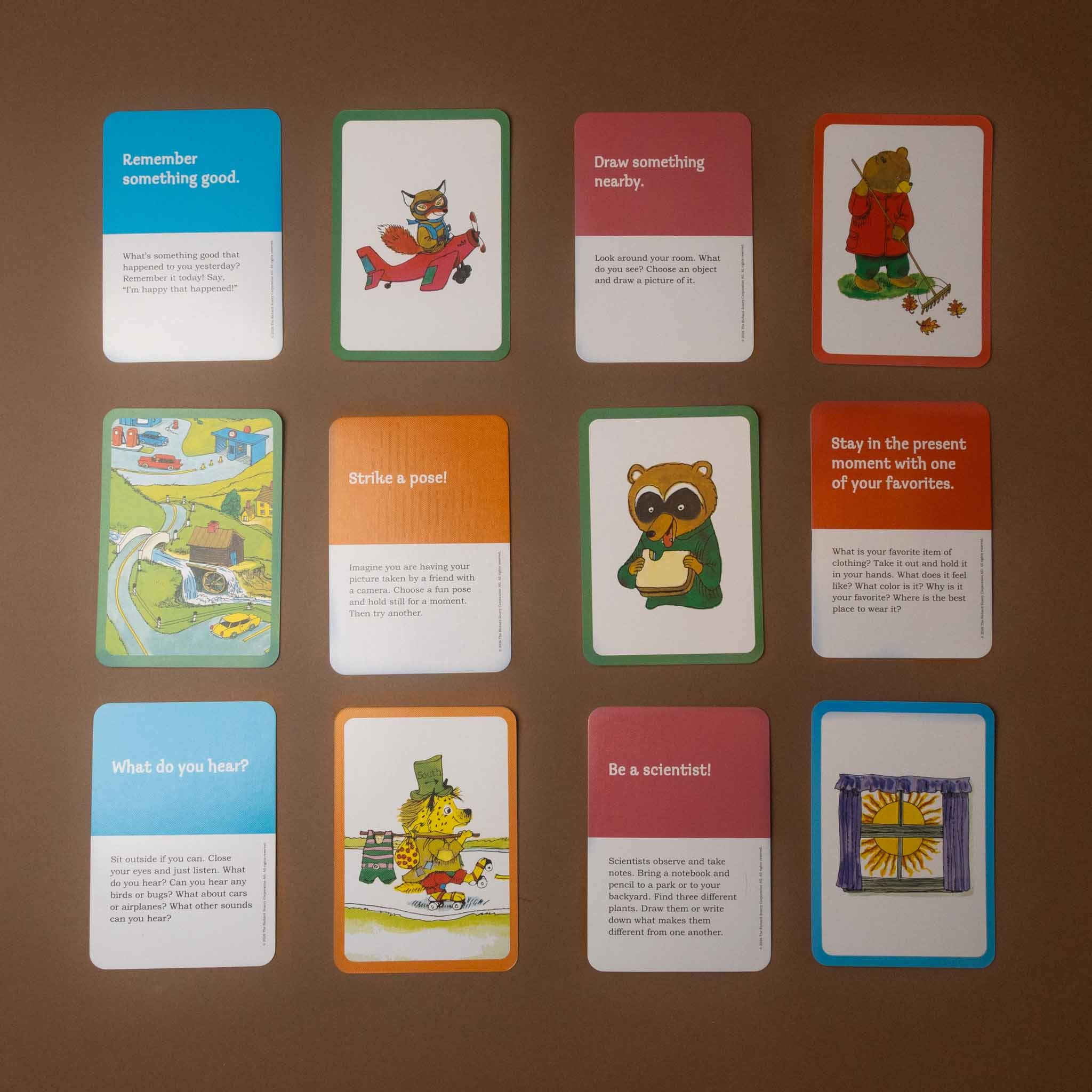 Set of colorful richard-scarrys-busy-busy-activity-deck cards with illustrations and text on a brown background