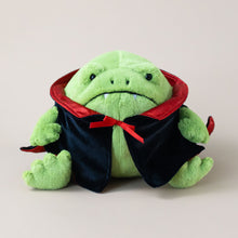 Load image into Gallery viewer, ricky-rain-frog-in-black-and-red-vampire-cape-and-fangs-stuffed-animal