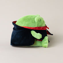 Load image into Gallery viewer, ricky-rain-frog-in-black-and-red-vampire-cape-and-fangs-stuffed-animal-side