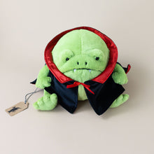 Load image into Gallery viewer, ricky-rain-frog-in-black-and-red-vampire-cape-and-fangs-stuffed-animal