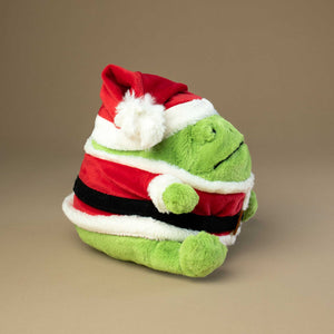 side-view-green-frog-in-santa-suit
