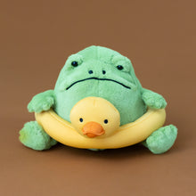 Load image into Gallery viewer, ricky-green-rain-frog-with-yellow-rubber-duckie-ring-stuffed-animal-with-a-pouting-face