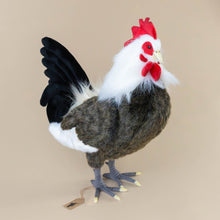 Load image into Gallery viewer, rooster-stuffed-animal-with-white-neck-black-feathers-marbled-brown-body-and-red-detail