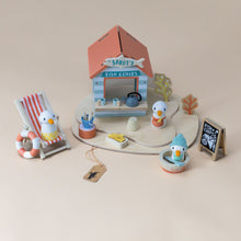 Load image into Gallery viewer, sandys-beach-hut-play-set-with-seagull-family-fish-and-chips-shop
