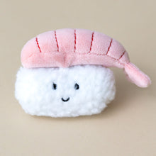 Load image into Gallery viewer, sassy-sushi-nigiri-stuffed-toy-with-pink-shrimp-and-white-rice