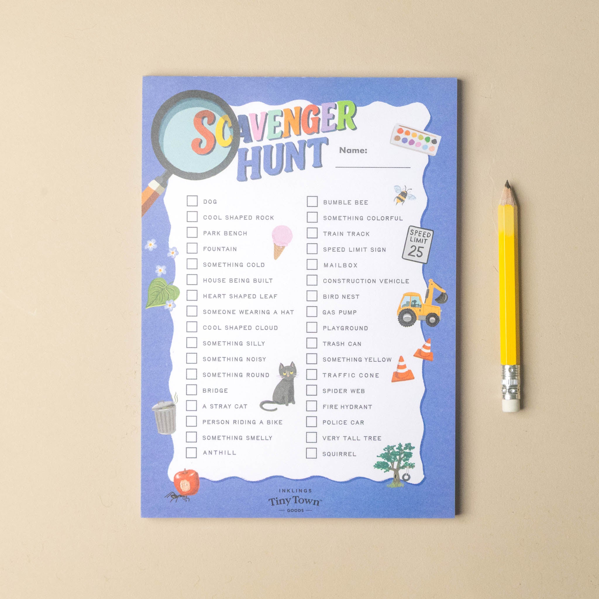 A children's scavenger hunt printable or card set with a blue border and colorful title, shown flat on a beige surface with a yellow pencil beside it. The page includes illustrated clues, checkboxes, and small drawings such as a magnifying glass, truck, and animal.