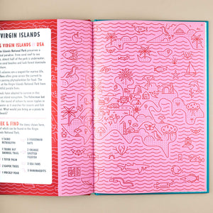 open-book-showing-page-with-illustration-of-virgin-islands-in-pink-and-red-and-informational-text