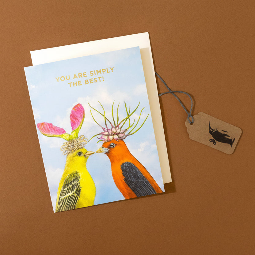 simply-the-best-greeting-card-with-a-finch-wearing-a-helicopter-maple-seapod-hat-and-a-oriole-wearing-floral-hat