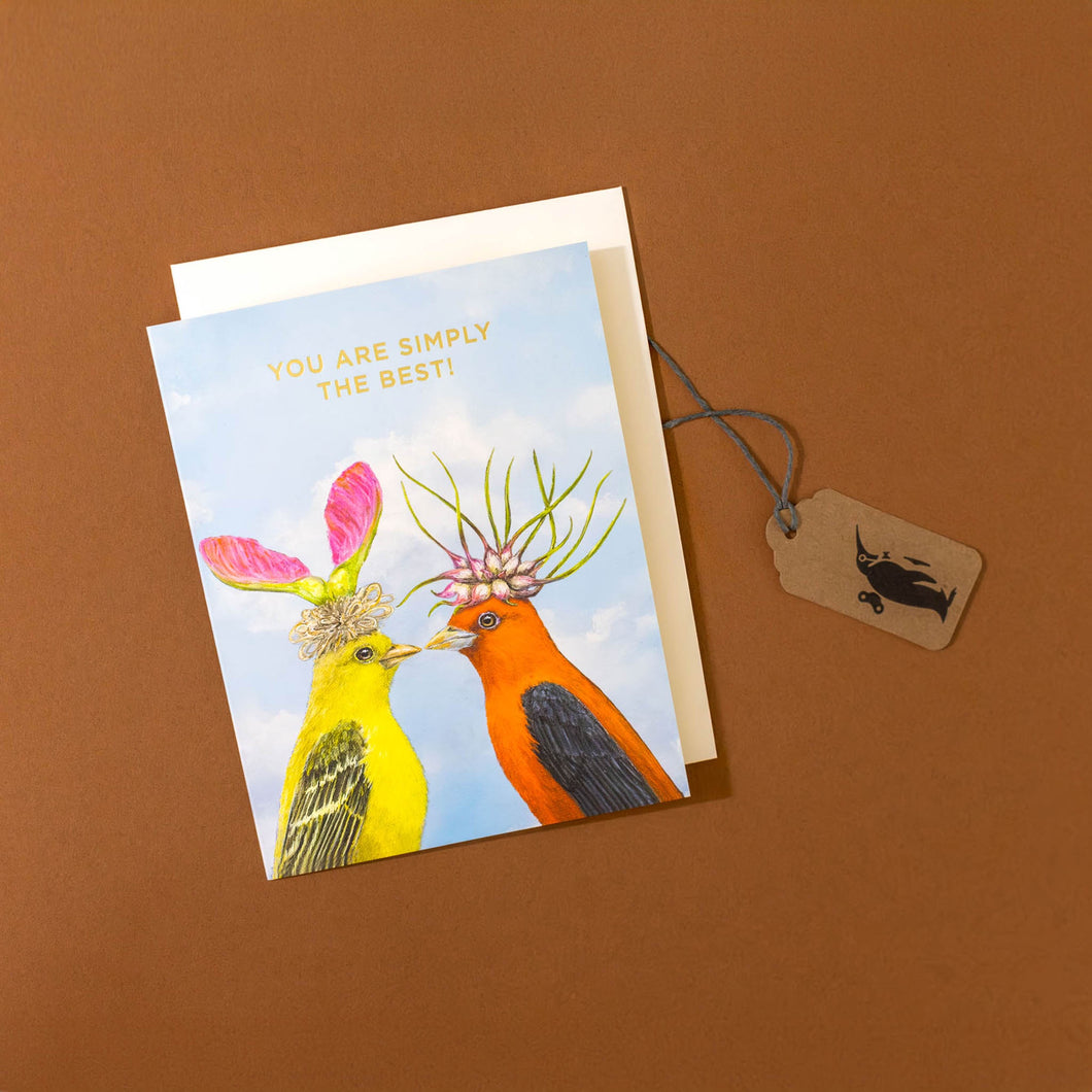 simply-the-best-greeting-card-with-a-finch-wearing-a-helicopter-maple-seapod-hat-and-a-oriole-wearing-floral-hat