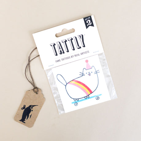 skateboard-kitty-temporary-tattoo-pair-wearing-rainbow-stripes-and-a-party-hat