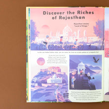 Load image into Gallery viewer, illustrations-of-indian-grand-buildings-with-title-discover-the-riches-of-rajasthan-meaning-land-of-kings-text
