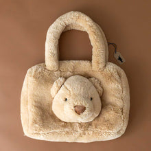 Load image into Gallery viewer, smudge-honey-brown-bear-tote-bag-with-bear-face-on-side-of-bag-and-two-straps-and-a-zipper