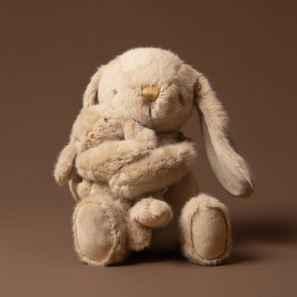 Two beige plush bunnies hugging each other on a brown background