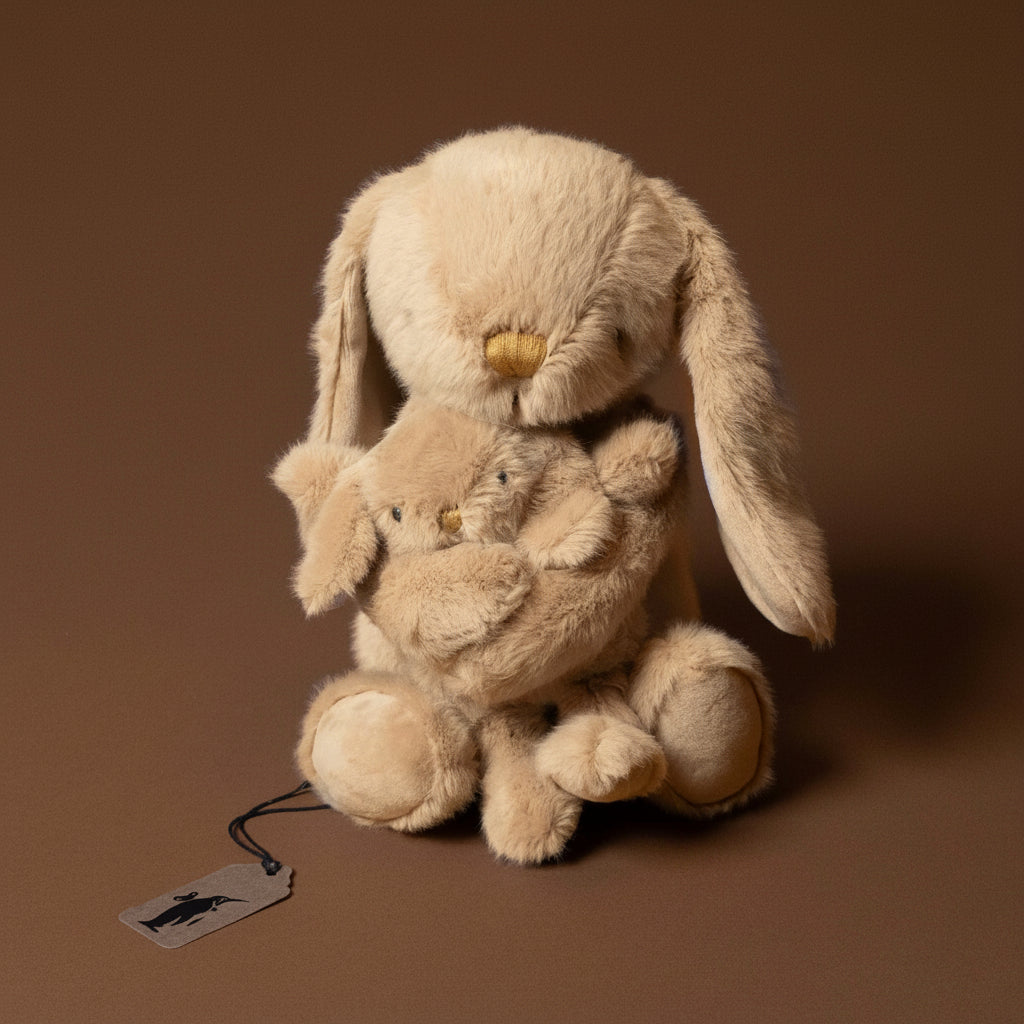 Beige plush bunny with a tag on a brown background