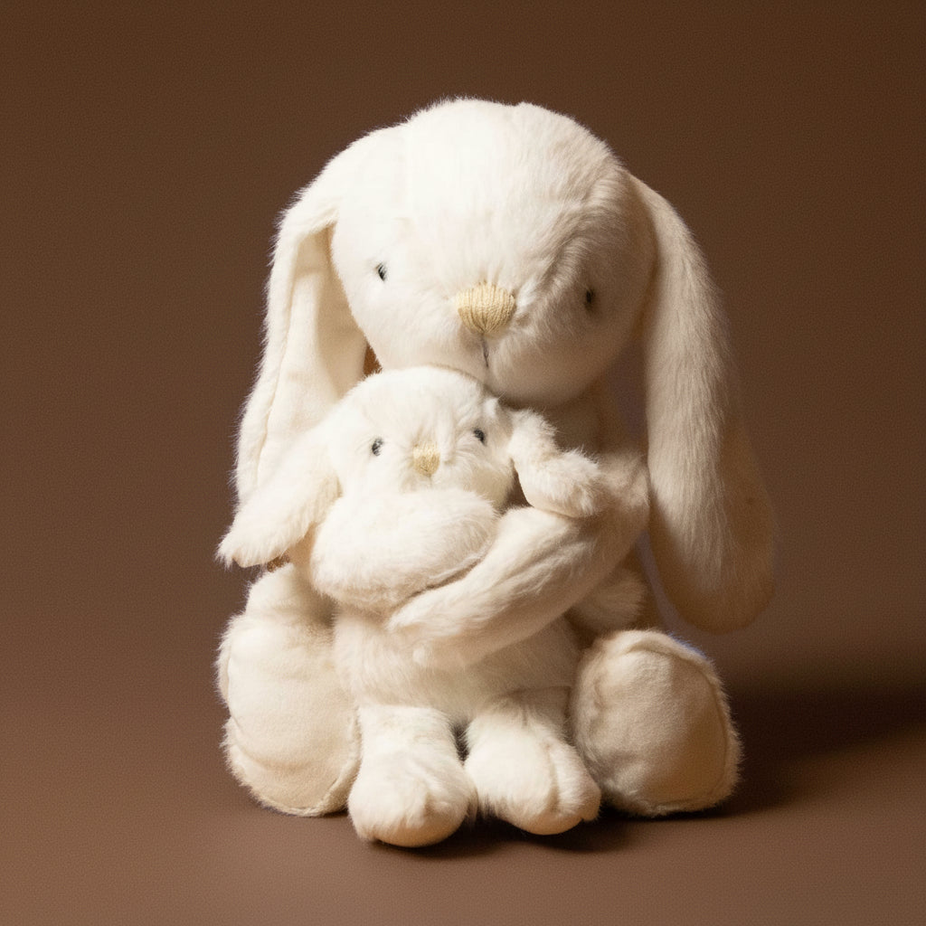 Two white plush bunnies hugging each other on a brown background