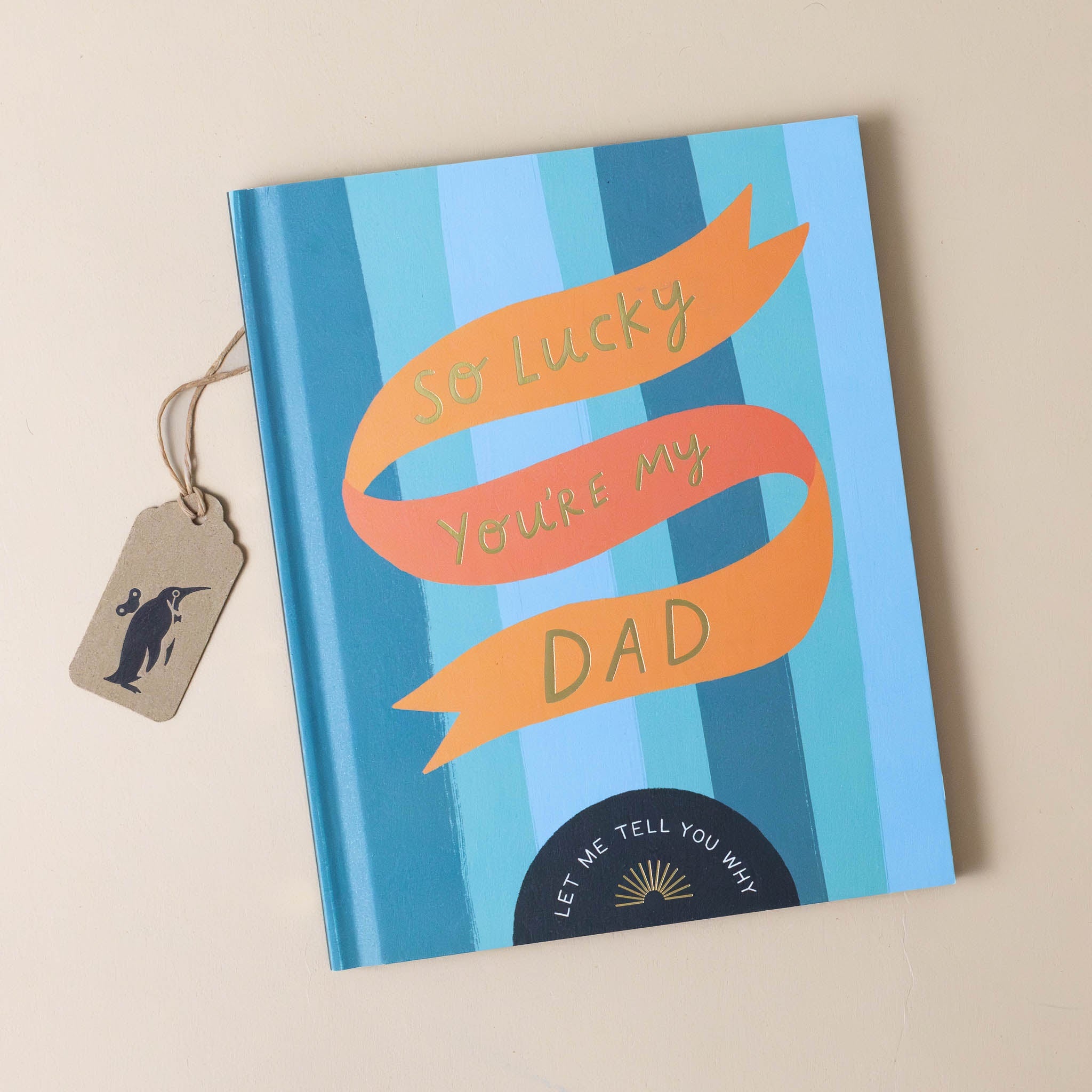 so-lucky-youre-my-dad-book-cover-striped-blue-with-orange-ribbon-spelling-out-title-in-gold-foil