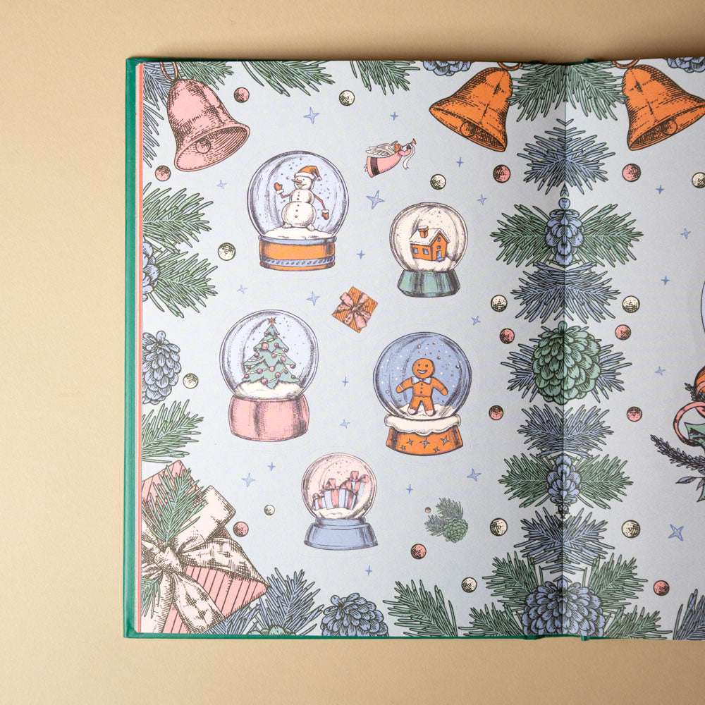 stickertopium-enchanted-christmas Christmas-themed stickers with snow globes, trees, and ornaments on a beige background