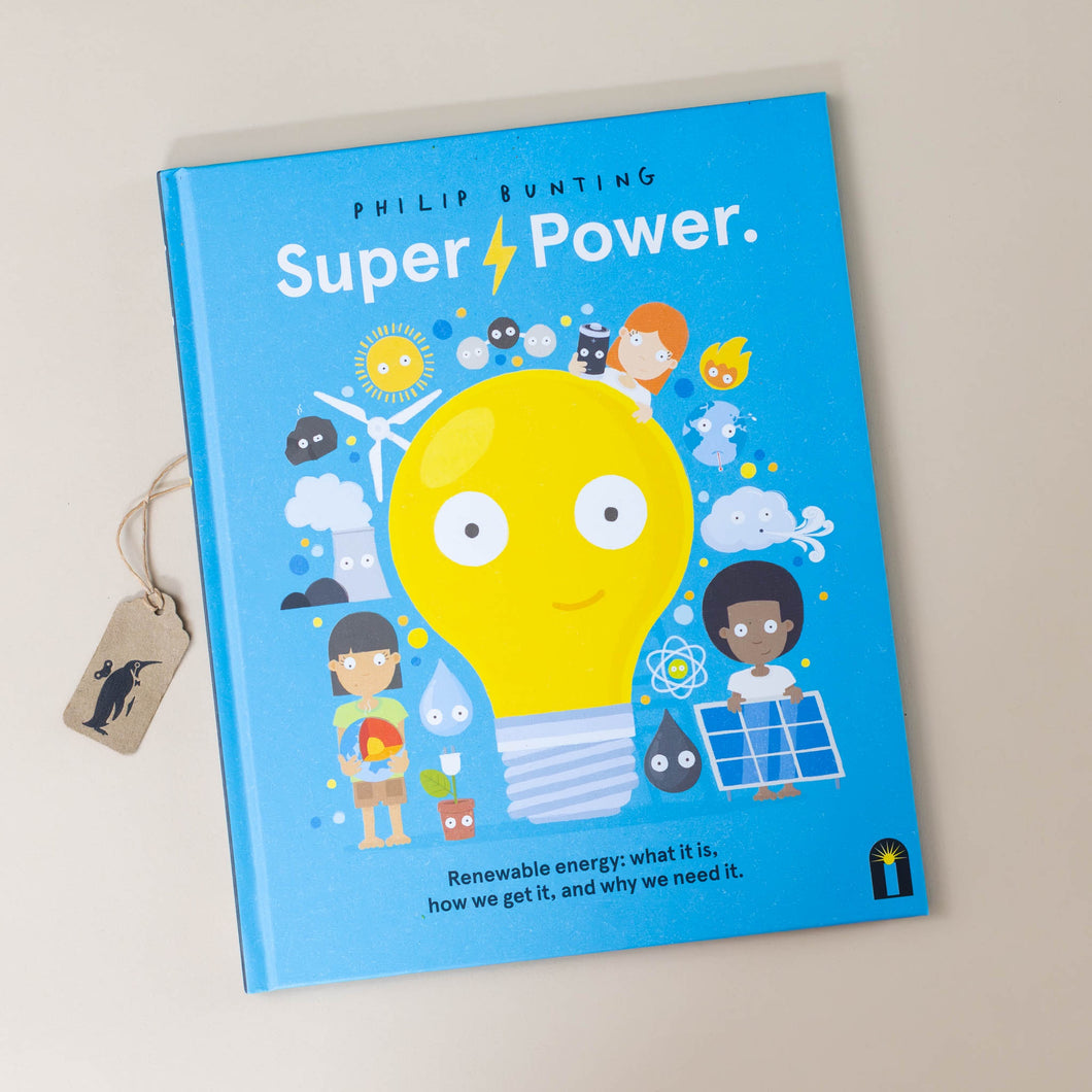 super-power-book-sky-blue-cover-with-a-yellow-light-bulb-with-people-and-renewable-energy-sources-and-science-symbolism-around-it