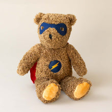 Load image into Gallery viewer, superhero-ted-bear-large-stuffed-animal-with-black-mask-lightnight-bolt-symbol-and-red-cape