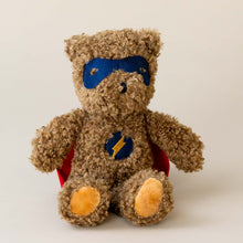 Load image into Gallery viewer, superhero-ted-bear-small-stuffed-animal-with-black-mask-lighting-bolt-symbol-and-red-cape