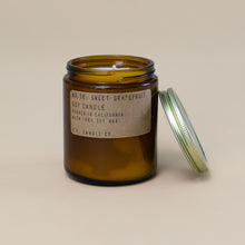 Load image into Gallery viewer, sweet-grapefruit-candle-with-amber-apothecary-glass-container-and-brass-lid