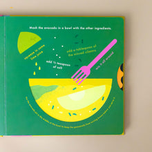 Load image into Gallery viewer, illustration-of-how-to-make-guacamole-with-list-of-ingredients-on-bright-green-page