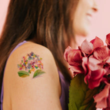 Load image into Gallery viewer, tattly_cecilia-mok_hydrangea-temporary-tattoo-in-green-pink-orange-purple-blue-and-yellow