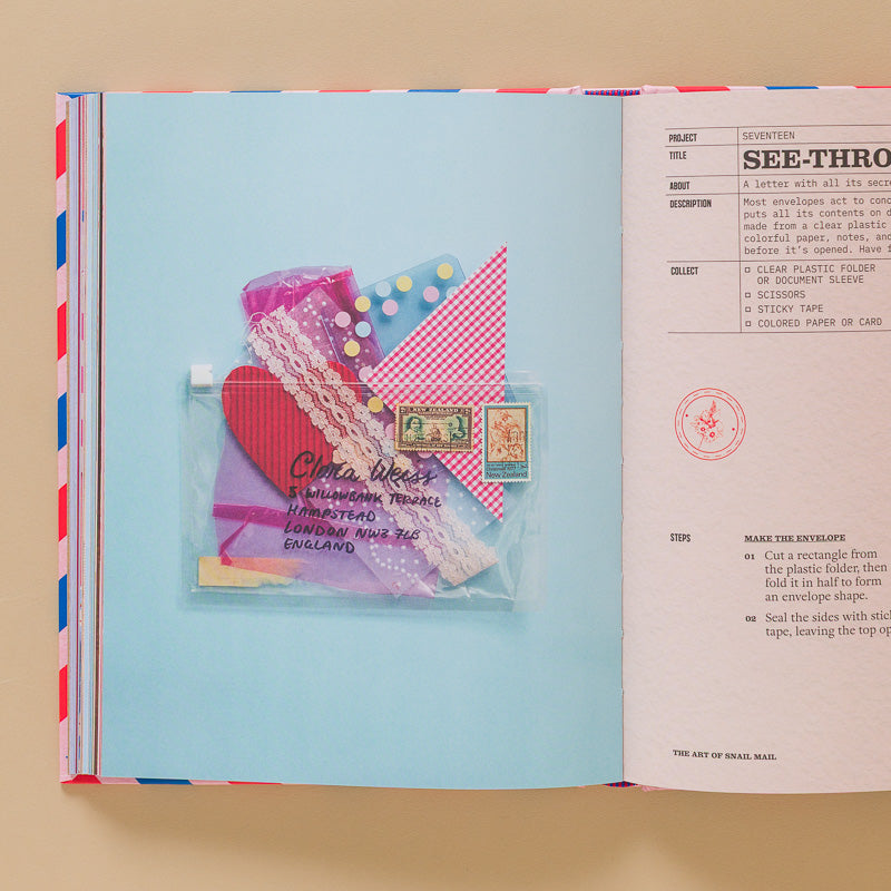 the-art-of-snail-mail book open page to see thru letters